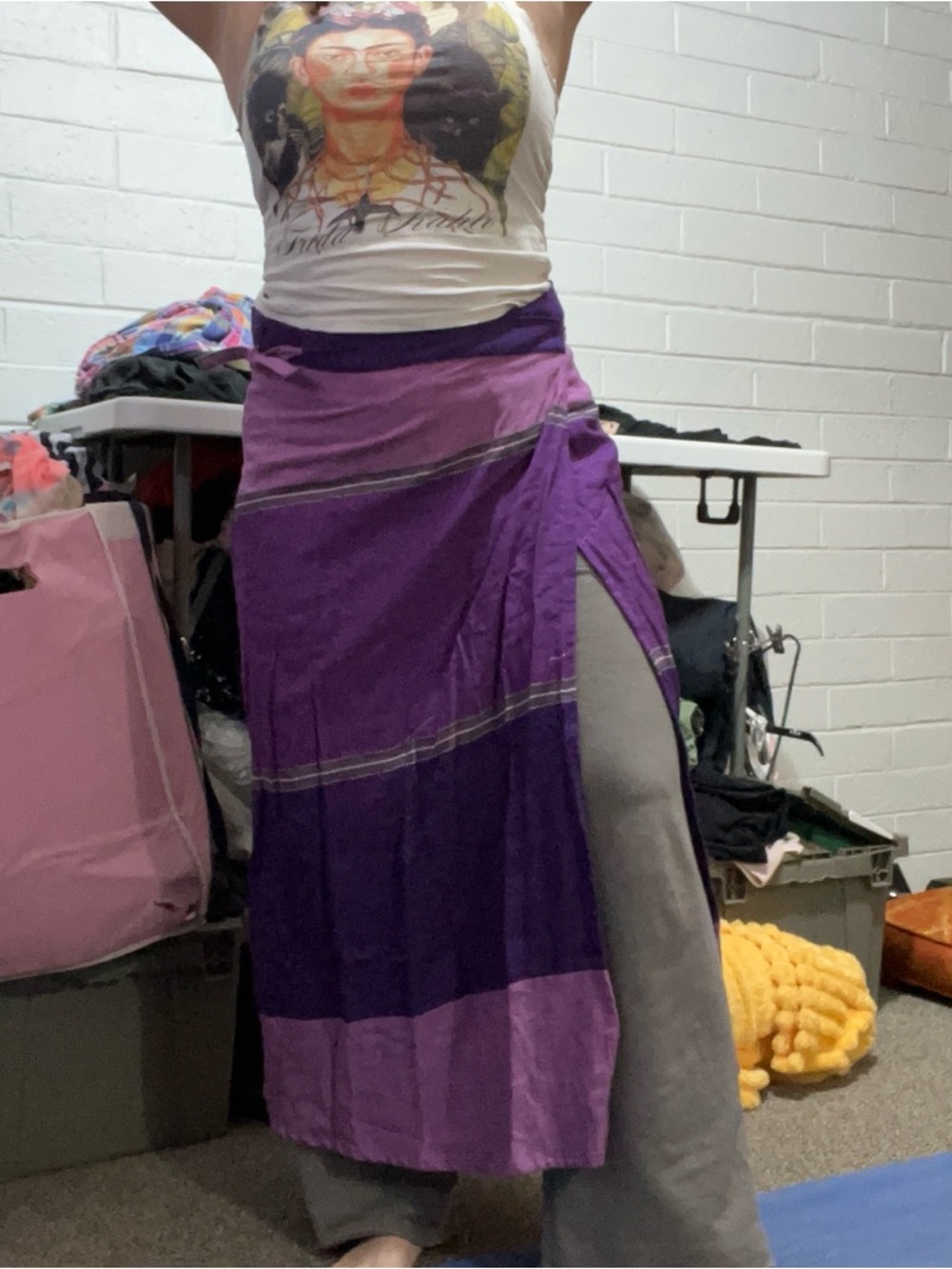 Gorgeous Wrap Skirt One Size Two Tone Purple Details Linen Feel Maxi Tie Waist